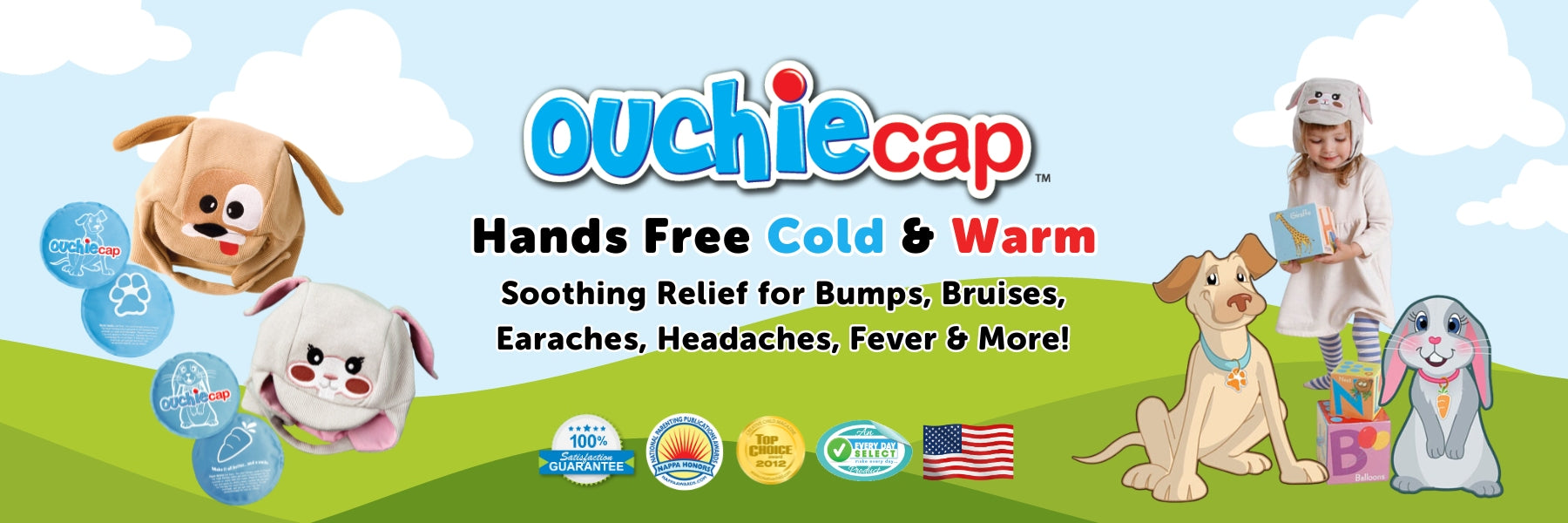Ouchie Cap — Cool or Warm Relief for Boo Boos and Aches! A kid-friendly, instant comfort solution for Bumps, Bruises, Earaches, Headaches, Fever, & More!