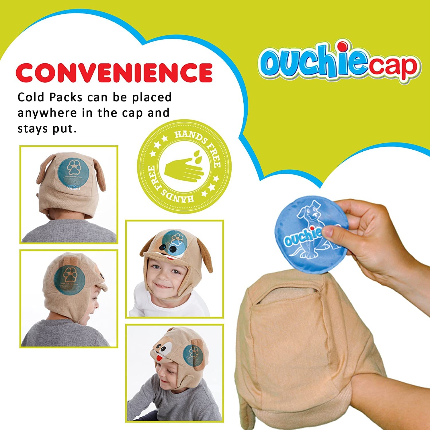 Ouchie cap is convenient to use! The cold or warm gel packs can be placed anywhere inside the cap and stay put.