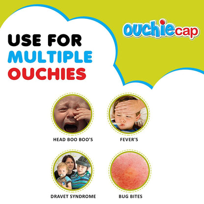 Hands-free relief for bumps, bruises, fever and headaches. The gel pack can be used OUTSIDE of the cap to relieve bug bites and bee strings, sprains, dravet syndrome symptom, and hemophilia symptom.